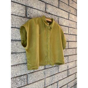 Madewell Womens Green Linen Button-Up Crop Shirt M